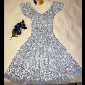 Dusty blue dress with white lace overlay